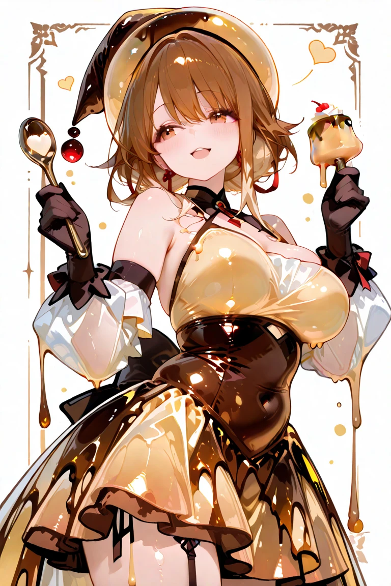 1girl, smile, large breasts, wide hips, <lora:sticky-lion:1> (dripping, Gold slime:1.4) transparent slime <lora:transparentslimegirl:1.5> transparentslimegirl, colored_skin, monster_girl, slime_girl, white dress, hat, cloak <lora:GoldenTech:.7> goldentech, golden, reflective , scifi <lora:slimegirl3:.2>