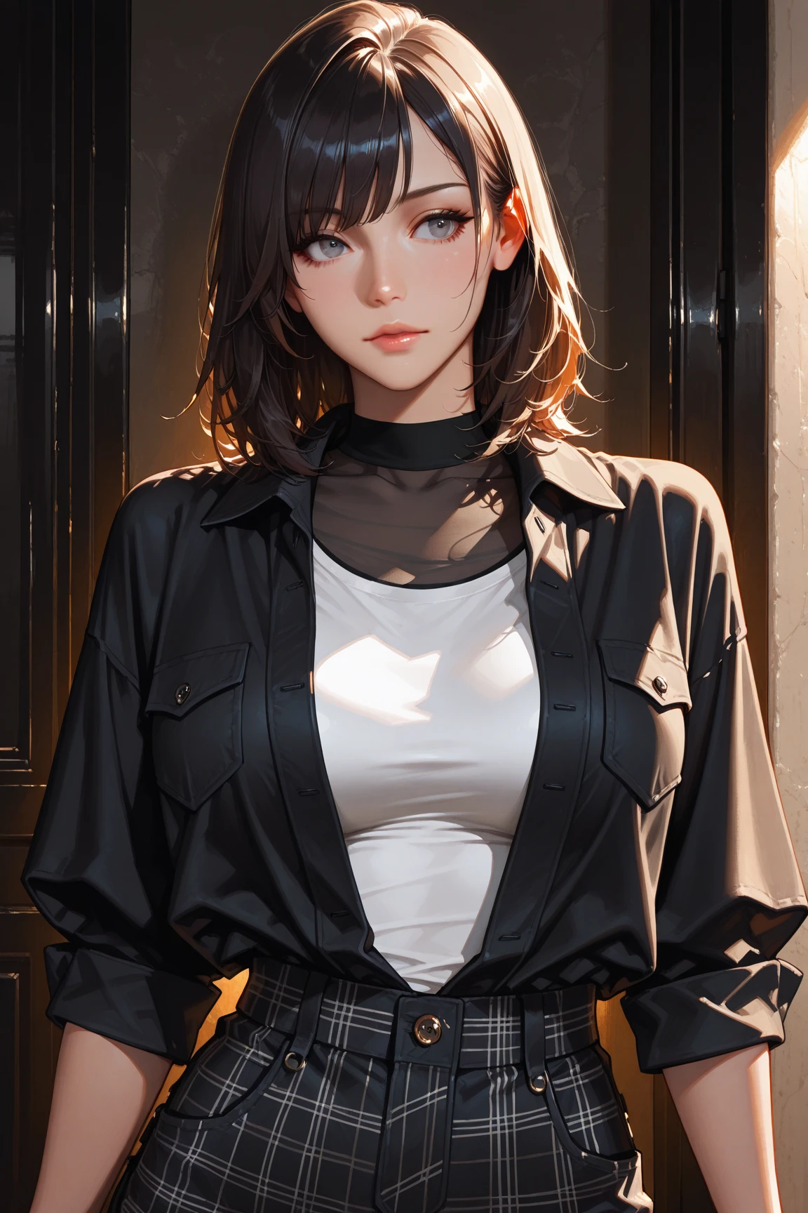 A 24-year-old high school girl with a European appearance, short red hair with a Chanel cut and no bangs, dark eyes, and is apparently tall, has a kind and mature face, she is wearing English  clothes. dark blue in color, it is inside an English high school,

