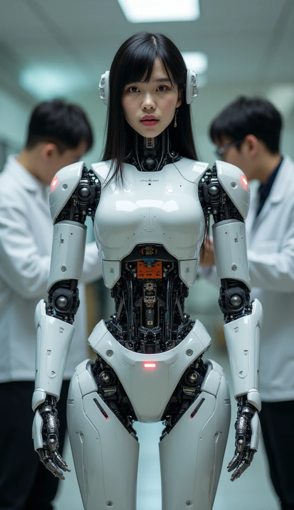 masterpiece, best quality, extremely detailed, portrait,Japaese android girl,Plump,a bit chubby,control panels,android,Droid,Mechanical Hand, ,Robot arms and legs, Black hair,Mechanical body,Blunt bangs,White Robotics Parts,perfect robot woman,Charging spot,Long Tube,A thick cable was connected to her neck,perfect mechanical body,white robotics body,future assembly plant,white body,She has repaired,black sponge joints,android assembly plant,android,laboratory,perfect machine body,white robot body,blue eyes