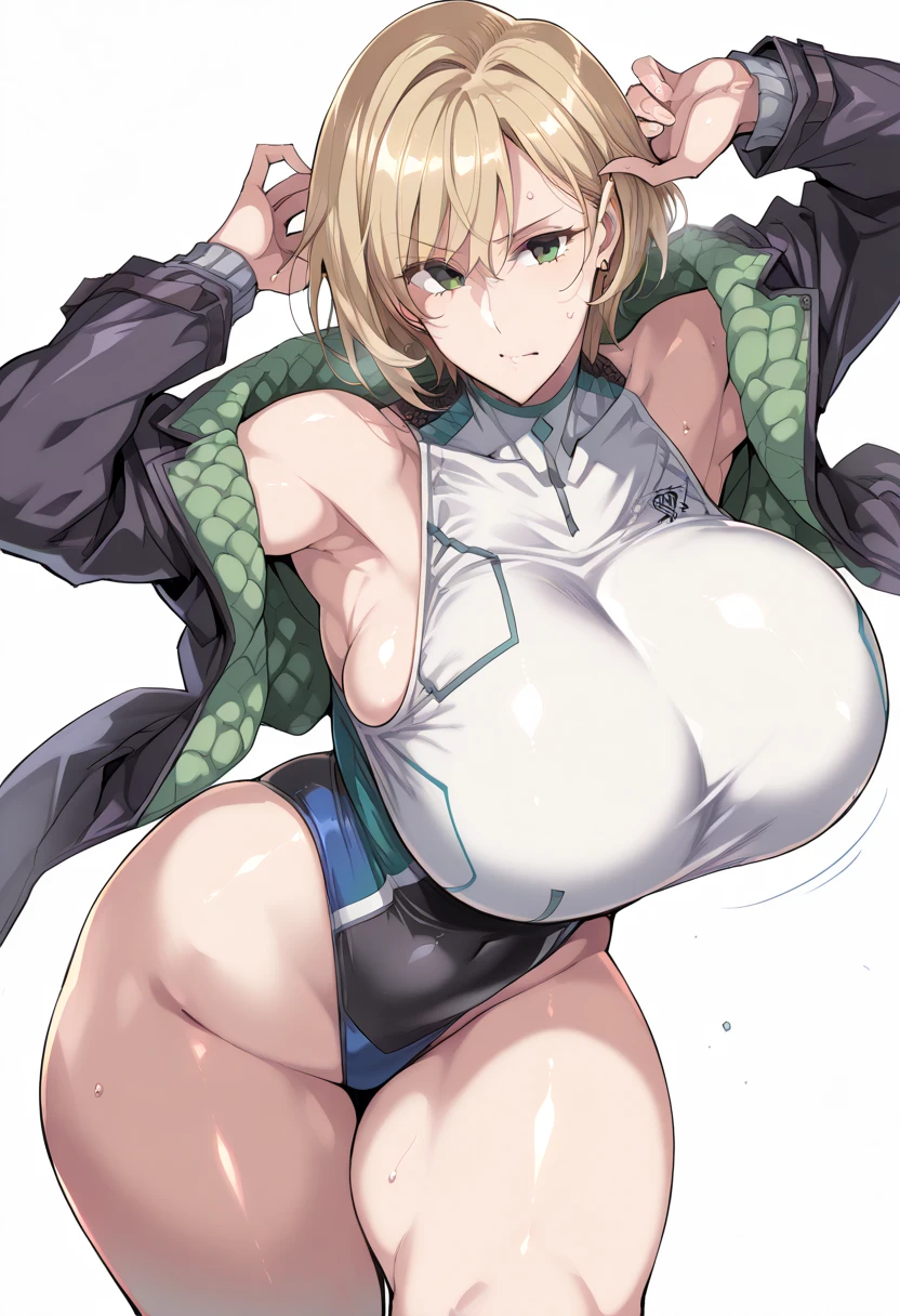 （One girl）、((short hair))、((Blonde))、（Sato Air）、((boyish))、gigantic breasts、(plump)、(Big thighs)、green eyes、White leotard、White sleeveless、Princess Knight、((hairs between eyes))、((thigh-high socks thighhighs))、(long gloves)、say、((see-through))、Erotic squatting