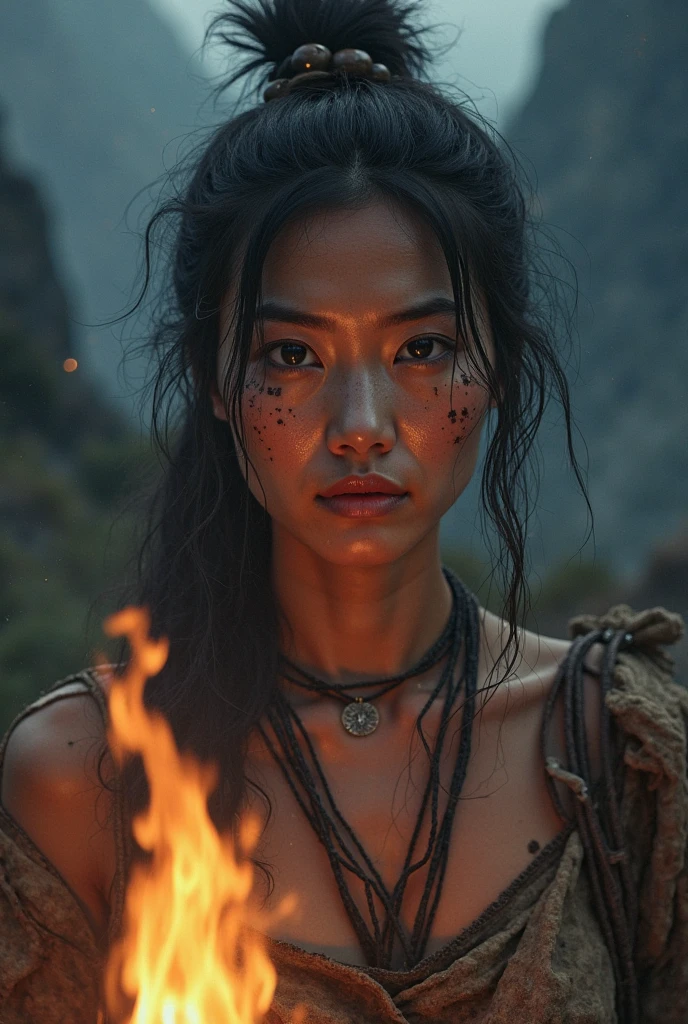 A girl burning in a burning fire, fully naked, korean, surrounded by a dark jungle. Her face is filled with sadness, yet there is a hint of joyous tears streaming from her eyes. She stands tall amidst the chaos, radiating a sense of strength and resilience. The scene is captured in a super cinematic manner, with dramatic lighting and heavy bokeh creating a mesmerizing atmosphere. The image quality is of the utmost importance, with a focus on perfection. It's (best quality, 4k, 8k, highres, masterpiece:1.2), ensuring every detail is crystal clear. The level of detail is extraordinary, capturing every intricate nuance with precision. The visual outcome is stunningly realistic, almost like a high-quality photograph. To enhance the artistry of the image, portraying the girl as a Russian beauty. Her features are meticulously crafted, with beautiful detailed eyes, lips, and a flawless complexion. Her hands are also perfectly depicted, showcasing elegance and grace. The artwork combines various elements to create a unique and captivating style. It encompasses the emotions of the girl, the intensity of the fire, and the mysterious ambiance of the dark jungle. The color palette chosen for this image is vivid and rich, adding depth and vibrancy to the overall composition. The lighting in the scene plays a crucial role in setting the mood. The flickering flames of the burning fire cast a warm, golden glow on the girl's face, emphasizing her expressions. The surrounding darkness is beautifully contrasted, creating a sense of depth and intrigue. Overall, this prompt depicts a powerful and evocative image, showcasing resilience and beauty in the face of adversity. It delves into the emotions of the girl, the intensity of the fire, and the enigmatic allure of the dark jungle.
