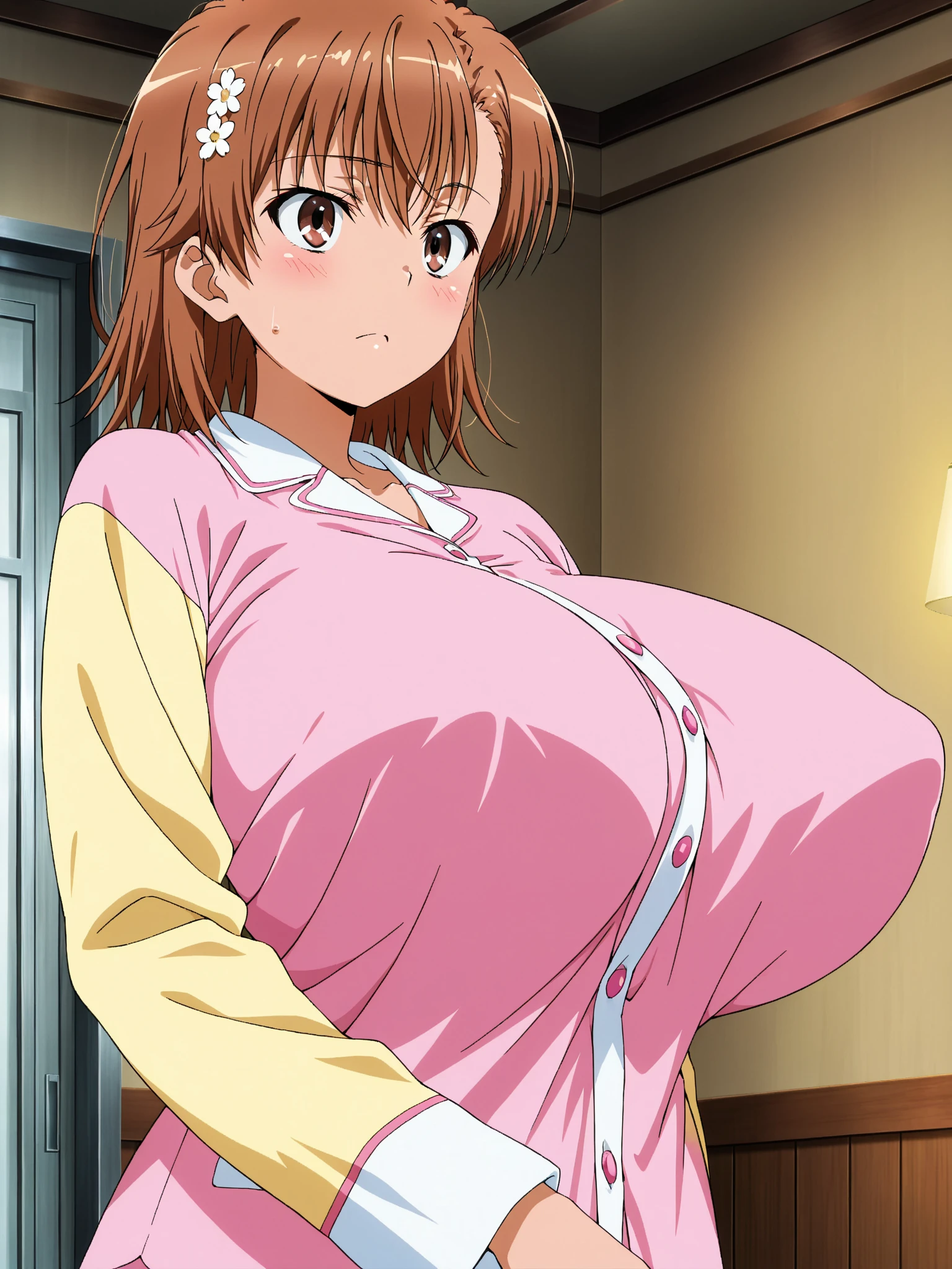 masterpiece, highest quality, High resolution, 1girl, solo, sexual intercourse, Pornographic image, short hair, etsukoto, brown eyes, fine grain, fine grain, (((Thick thighs, Plump thighs, Voluptuous thighs, Thighs are enough))), huge and ample breasts, Cleavage, Huge long breasts, Naughty big,((huge breasts are important))、((Naughty thighs)), L Cup, (thin:1.4),(Tight waist:1.4),  (yellow dress:1.4), ((white waist apron)), white panties, wide eyed, open mouth, Surprised expression, blush, head tilt, look away, (((Simple Background))), ((Wide Hips)), Shiny, Oily skin, Mature mother, Calf, Seductive mature woman, Perfect body, Plus Size Model, etsukoto, clavicle, retro artstyle, 1990s (style), lying, from side, ((nsfw)),