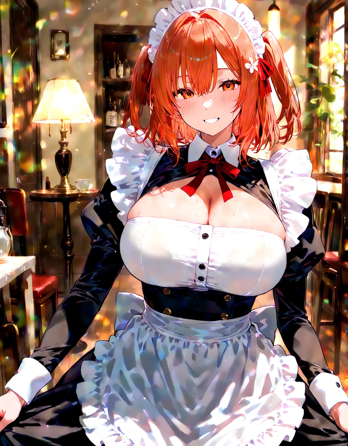 (((Upper Body))、(((Accentuate your breasts、Shiny underwear)))、Highest quality, 8k, masterpiece :1.3)), whole body, Sharp focus :One Girl,Glowing Skin,SSexy pose,Highest quality,Tabletop,shape,Very delicate and beautiful,Hmph,8k壁紙,wonderful,In detail,Official Art,Very detailedなティッカーUnity 8k壁紙,Incredibly ridiculous,Large file size,Very detailedな,High resolution,Very detailed,Beautiful detailed girl,Realistic,X-ray,The queue is full,(((Maid clotheini skirt)))、(((Big Breasts、長いOrange Hair)))、(((Hotel、Bedroom)))、Stand upright、Cleavage , ((Orange Hair))、Sexy pose、Hairstyle: semi-long、both hands、roxanne