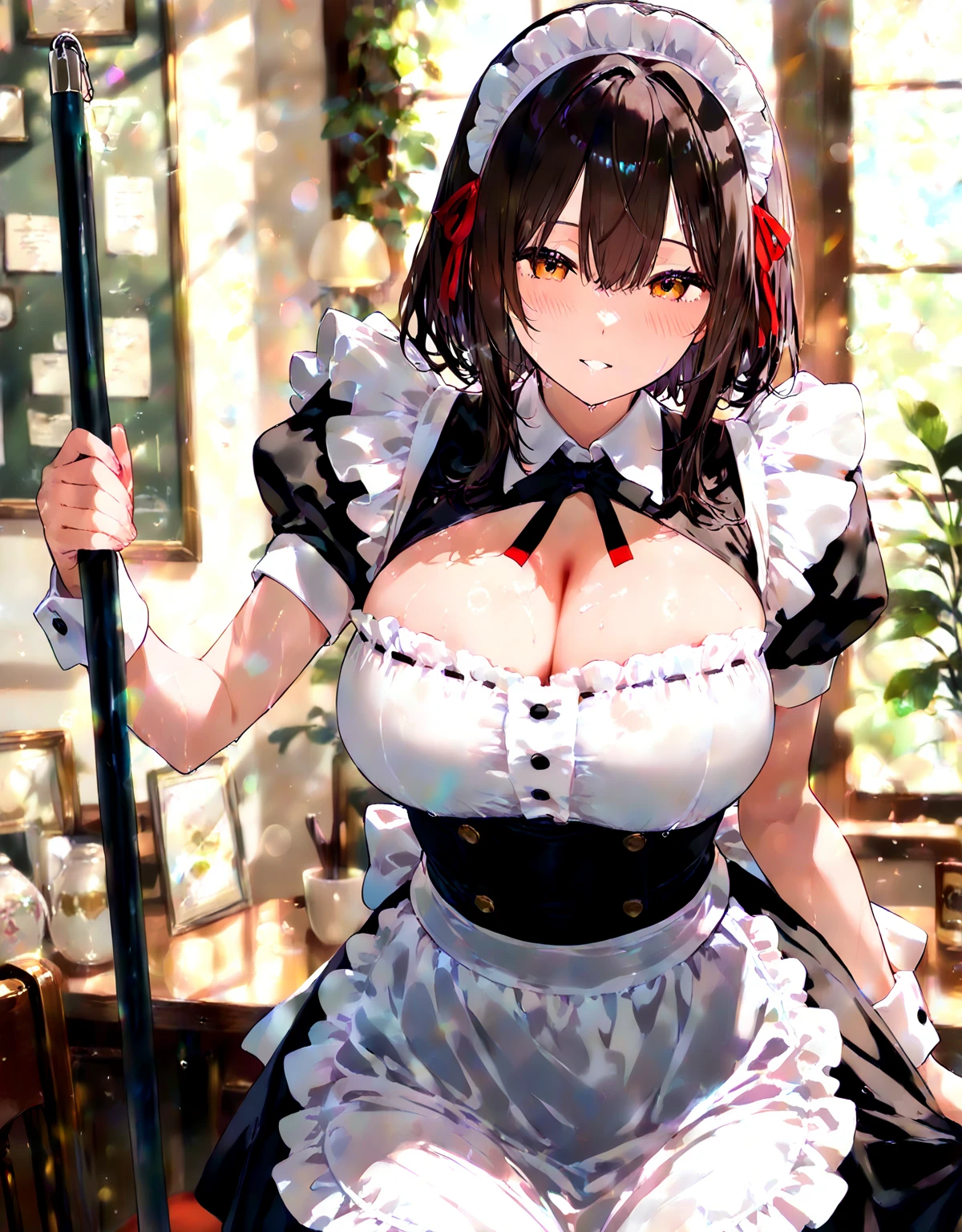 One Woman、beautiful girl、Maid、20-year-old、Bobcut、Western-style building、Maidの制服、Maidカチューシャ、Short skirt、Black Pantyhose、Highest quality, smile,Big Breasts、Very big boobs、Put your on the table、 sinking into the table、Put your boobs on the table、Bust up angle、Place breasts on table、Put your on the table、Place your chest on the table、Poses that emphasize the breasts