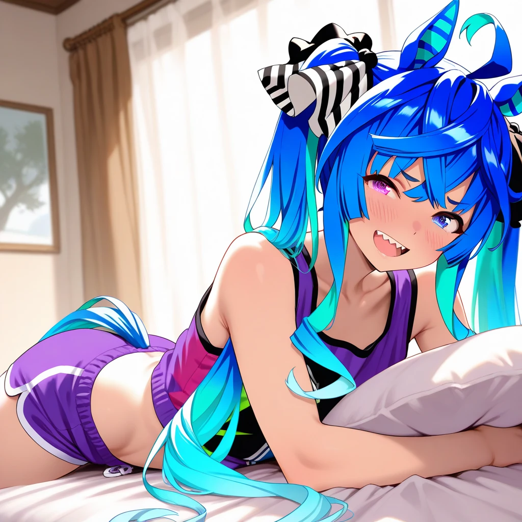 woman, dog ears, rainbow hair, sweating, making peace sign, petplay, full body view, dog collar, pigtails, cheek blush, bedroom, smiling,