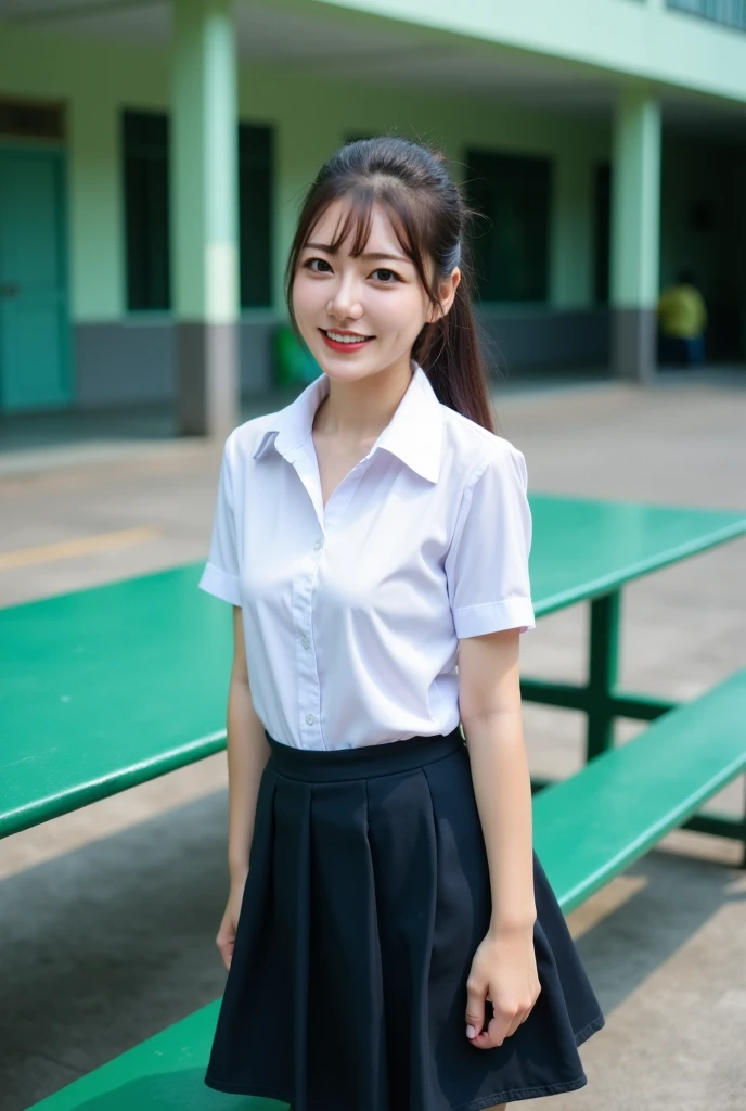 big, big, long hair, smile, navy blue tie, navy blue skirt, light blue shirt, gravure idol, waterside, wet, smile