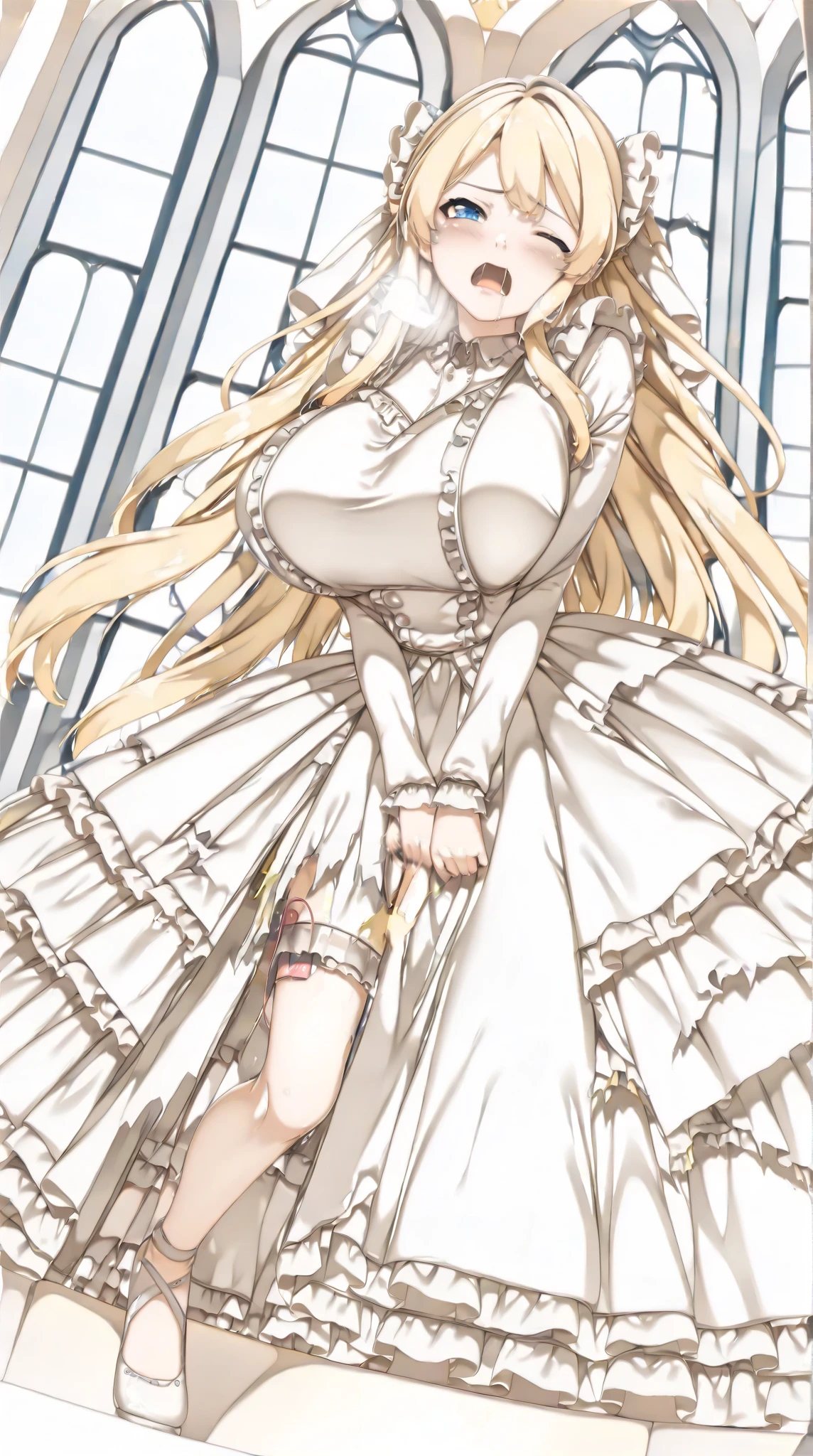 anime. 1 Girl. Cute girl. Princess. Disabled person. Blonde. Long hair. Wavy hair. Blue eyes. Beautiful eyes. Beautiful eyes. Expressive eyes. Ideal face. beautiful nose. 16 years. Medium breasts. Beautiful breasts. Urinary incontinence. Wants to pee. I need to pee. A strong, desperate urge to pee. Hands on crotch. He squeezes his crotch tightly. Rubs the crotch. She peed herself. Urine
flows down your thighs. Ideal anatomical body. Beautiful long legs. Diadem. Neat earrings. Pearl necklace. Luxurious white dress. Victorian style dress. White gloves. Heeled shoes. Wheelchair. Sits in a wheelchair. Full height.
The Royal Castle. Royal Garden. Beautiful character design. Shiny skin. Full body. NSFW. Official art. Extremely detailed CG Unity 8k wallpaper. Ideal lighting. Ultra high resolution 4K. Super detailed 8K resolution. A high resolution. Masterpiece. Best quality.