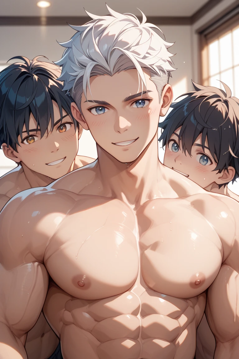 4boys、Highest quality、High resolution、Super detailed、perfect anatomy、(muscular male:1.3)、(father:0.2)、15yo、nipple piercing、gay、Blue Hair、Blonde、Black Hair、Gray Hair、Red hair、Short Hair、Sports haircut、short hair、Brown skin、(sweat:1.3)、steam、Beach、Wearing a swimsuit、Embarrassed face、ass pov