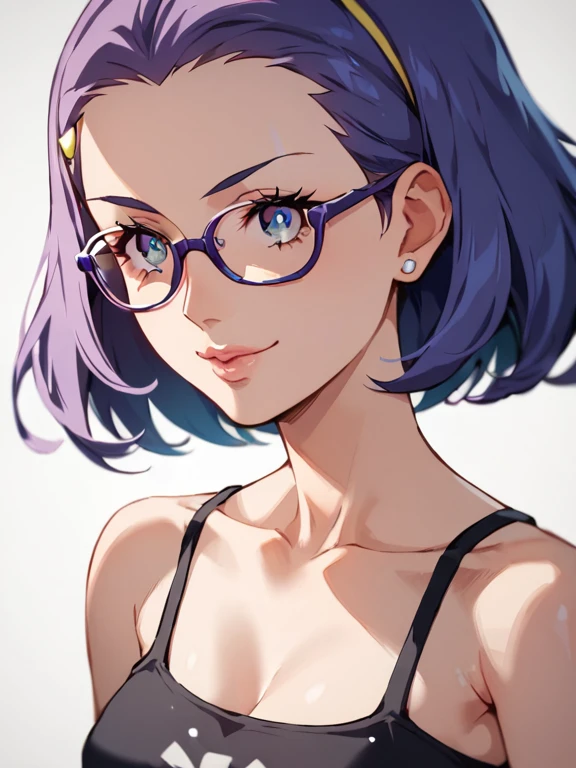 Twintail , dark lavender purple hair ,blue eyes , Eyeglasses 