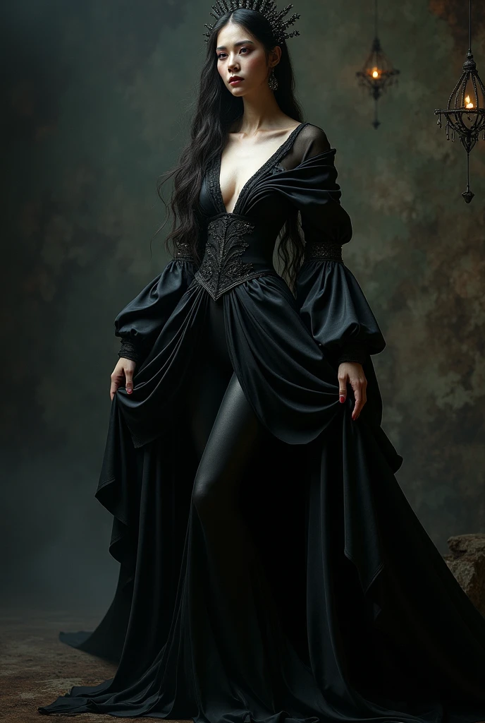 Design dressless and alluring character inspired by Malif . She should exude confidence and mystery, with a wardrobe that blends elegance and enchantment. Focus on intricate, dark, and dramatic boobs are seen, such as a curvy body with high slits, fitted bodice. Incorporate puccy , and lusty body, Her demeanor should be both captivating and commanding, reflecting her enchanting presence and formidable power