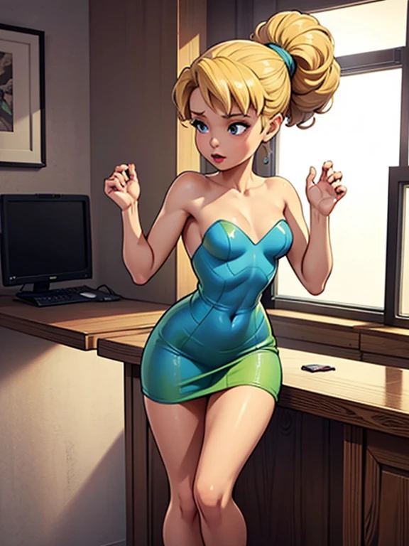 Blonde girl with short hair, blue eyes, With a green dress, tight on the body, marking the waist, short dress,Short green latex dress, bodycon dress, cleavage, defined and shiny breasts