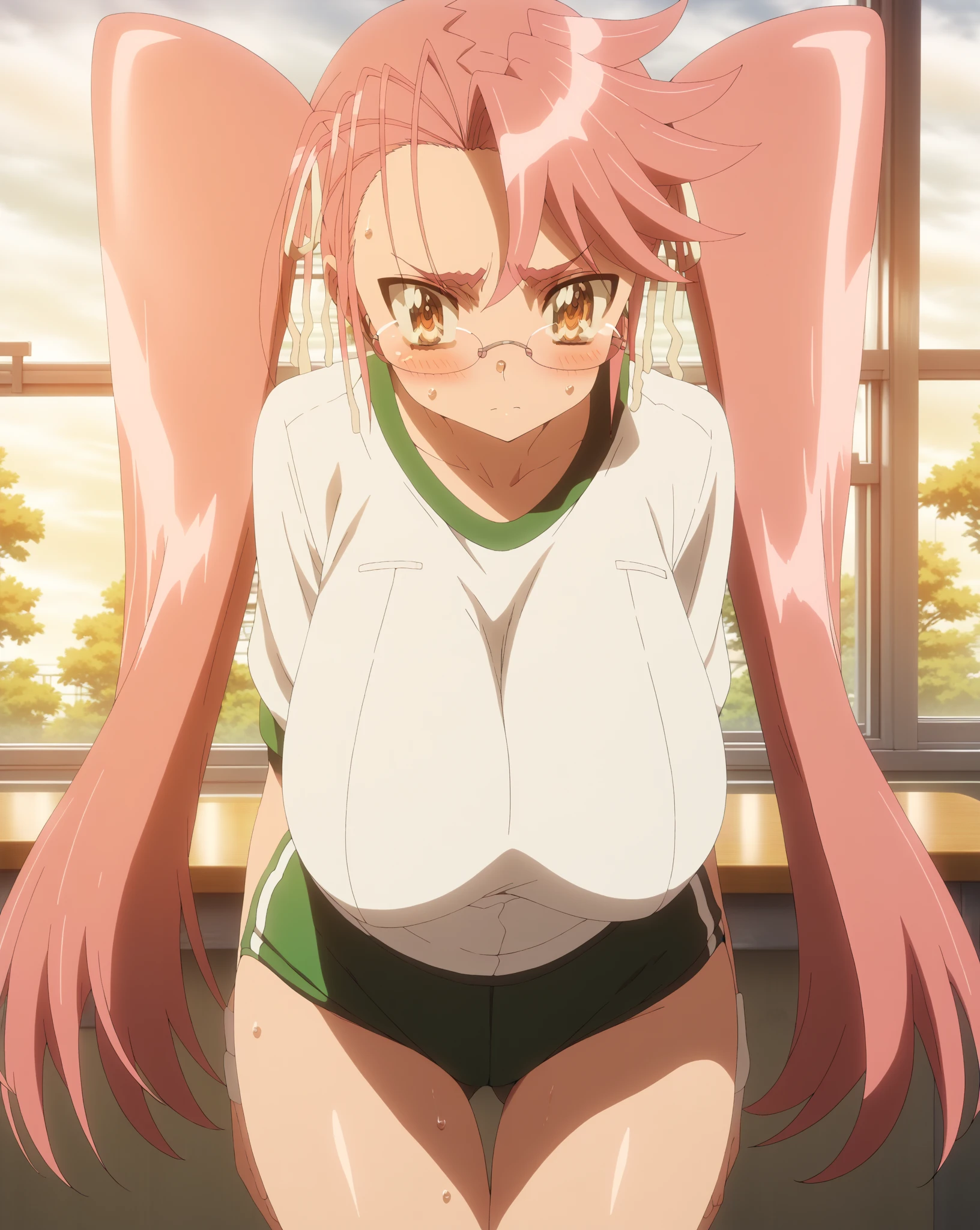 takagi saya, twintails,
,, masterpiece, best quality, highly detailed, surprised,  big breasts, sport uniform, sweating, wet body, in a locker room