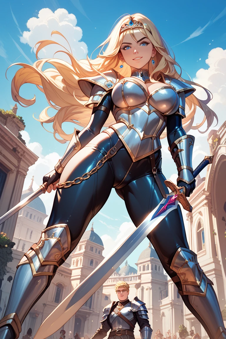 A determined and ambitious warrior with long blonde hair and blue eyes, wearing futuristic armor, who fights to become the strongest.