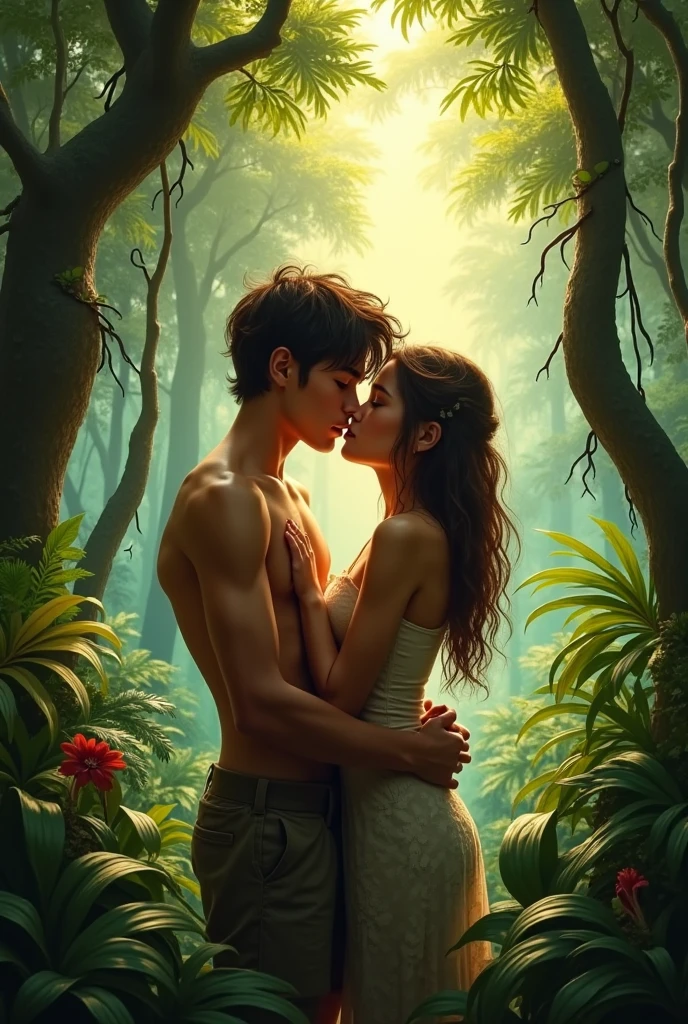 A young couple having sex outdoors on a trail or campsite, Man 1,70 tall 53 kilos not so muscular man with straight hair, Woman 1,60 tall 60 kilos medium breasts and butt.
