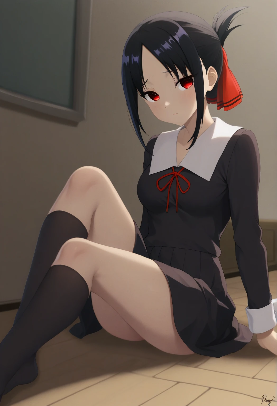 short hair, bangs, black hair, (red eyes:1.3), hair ribbon, sidelocks, folded ponytail, (parted bangs:1.5),
BREAK black socks, no shoes, nsfw
BREAK indoors, bedroom, BREAK full body view, ultra high quality, underwear, legs spread, sitting on floor, no shirt, panties, bra, best legs, best feet, panties around ankles