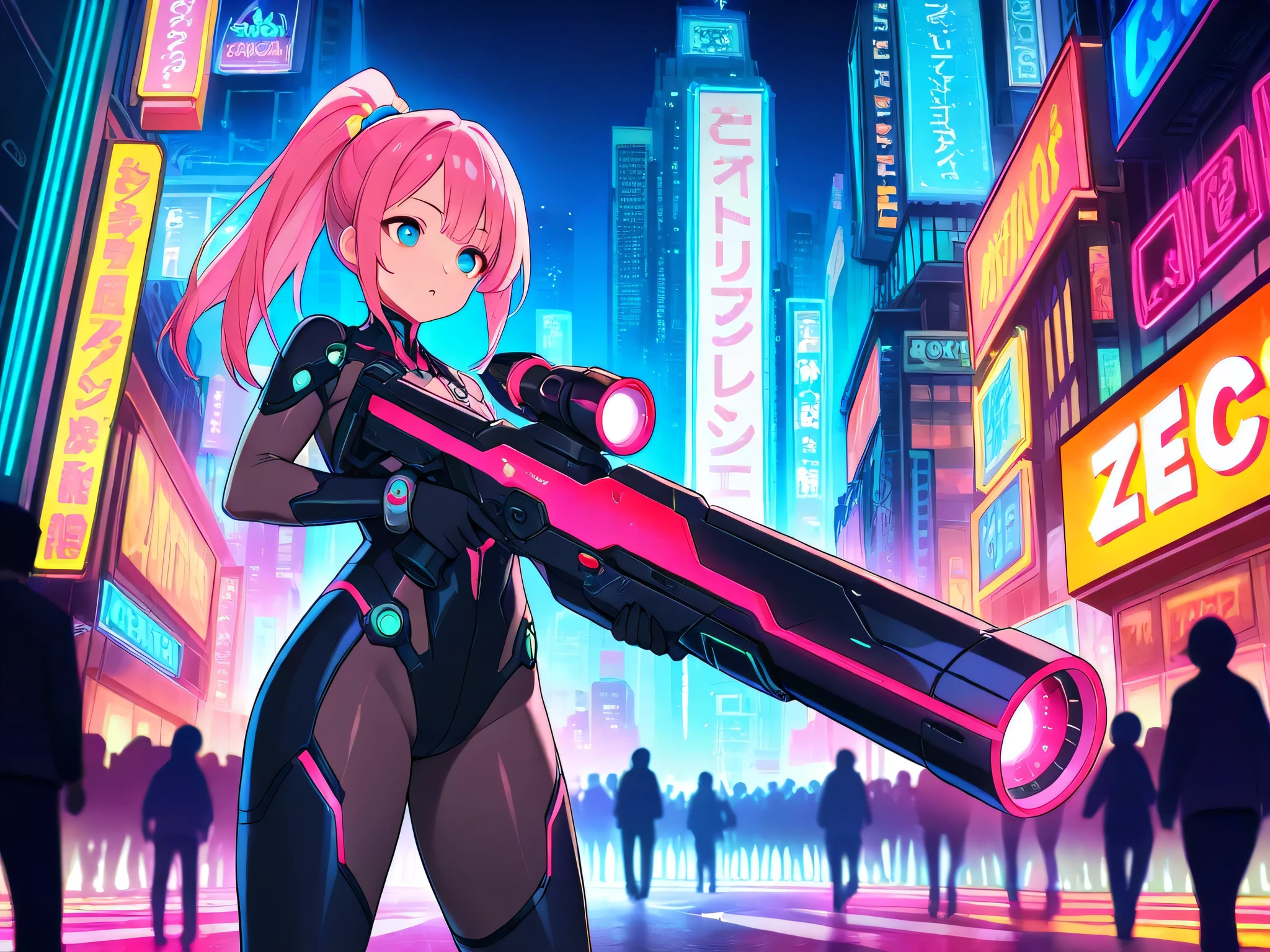 "A female bounty hunter with vibrant pink hair styled in a high ponytail, adorned with cybernetic enhancements and a sleek, dark bodysuit, stands amidst the towering neon-lit skyscrapers of a cyberpunk city. Rendered in the anime style, she is depicted with exaggerated features and large expressive eyes. Her gaze is intense, focused on her target in the bustling crowd. She carries a high-tech blaster rifle with intricate details, reflecting the advanced technology of this futuristic metropolis. The city is a vibrant mix of holographic advertisements and flying vehicles, creating a dynamic and chaotic atmosphere. The scene is rendered in a high-contrast color palette with a vibrant, saturated color scheme, creating a striking visual contrast between the darkness of the city and her bright pink hair. The image uses the vivid colors of anime to express the emotions of the characters and setting. The perspective is from a medium shot to give us a chance to appreciate the bounty hunter's powerful posture and equipment, and in the background, the city's bustling, high-tech feel."