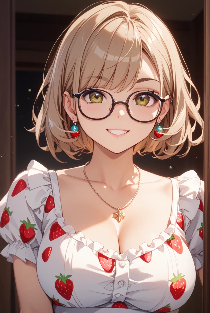 (Top view), (Highest quality: 1.5), (masterpiece: 1.5), (2.5D), (Good definition), (Detailed face), (Well-drawn faces), (Excellent drawings), (Vibrant colors) , (exaggerated proportions), (transformation), (Perfect Anatomy), (character in the center), (Absurd), (4K wallpaper), (Detailed eyes), (Perfect hands), (Perfect Fingers), (Beautiful skin), (Glowing Skin), (Perfect Shadow), (Perfect lighting), (whole body), (Beautiful Eyes), (masterpiece), (Voluptuous body), (Pretty face), Adult female, Captivating Mature Woman, Face Mature Mature, Mature Woman, Blonde hair in a low, slightly messy ponytail, Green Eyes, Wear glasses, Wearing an elegant yukata, Very surprised、Blushing look, She is holding a white cloth in her hand, Huge breasts, Huge thighs, Huge Ass, The body is voluptuous, Good balance, She is squatting on the floor of a traditional Japanese house., An older, stronger man was behind her.、Smacking a woman on the buttocks