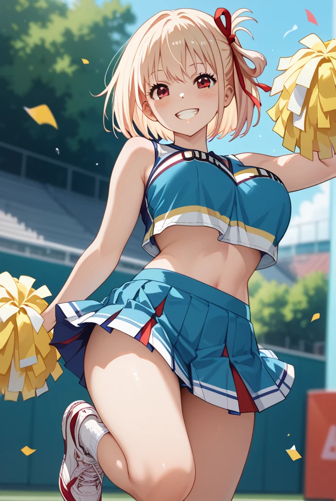 nsfw、BREAK Perfect Anatomy、Highest quality、(cute:1.1)、(cute)、(High resolution:1.2)、Unbelievably absurd:1.3、Incredible illustrations、(cuteイラスト:1.2)、Beautiful background、(1 girl) 、solo)、(10th Generation、JK、Loli face、Small breasts:1.2)、 Blonde hair and blue eyes, Long twin tail hair,Dark Skin 1:2, Cute Hips, slender、evil grin,(Sleeveless sailor shirt、mini skirt、Micro Shorts、(see through),White garter stockings、、Pom-pom),armpit、standing split legs、cheerleaders cheering