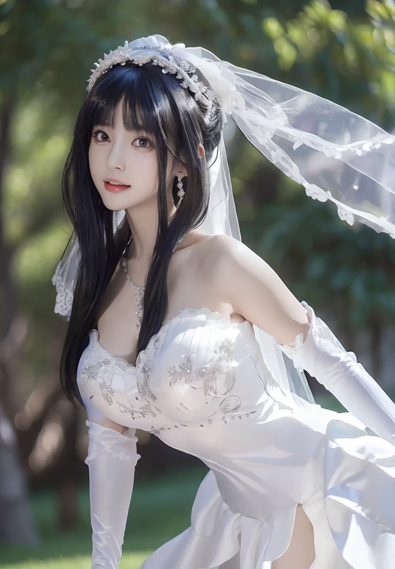 There is a woman in a white dress and veil posing for a photo, a portrait of a magical Lolita girl, anime girl cosplay, cat boy cosplay! Maid! dress, loli, lolita fashion, anime cosplay, magical girl style, loli in dress, lolita style, beautiful delfin, angelic pretty, white, maid dress, cosplay photo, medium breasts, beautiful legs, glossy white stockings, lace suspender stockings through the skin, full body photo, 70-200mm, wedding dress, white wedding dress, western wedding dress