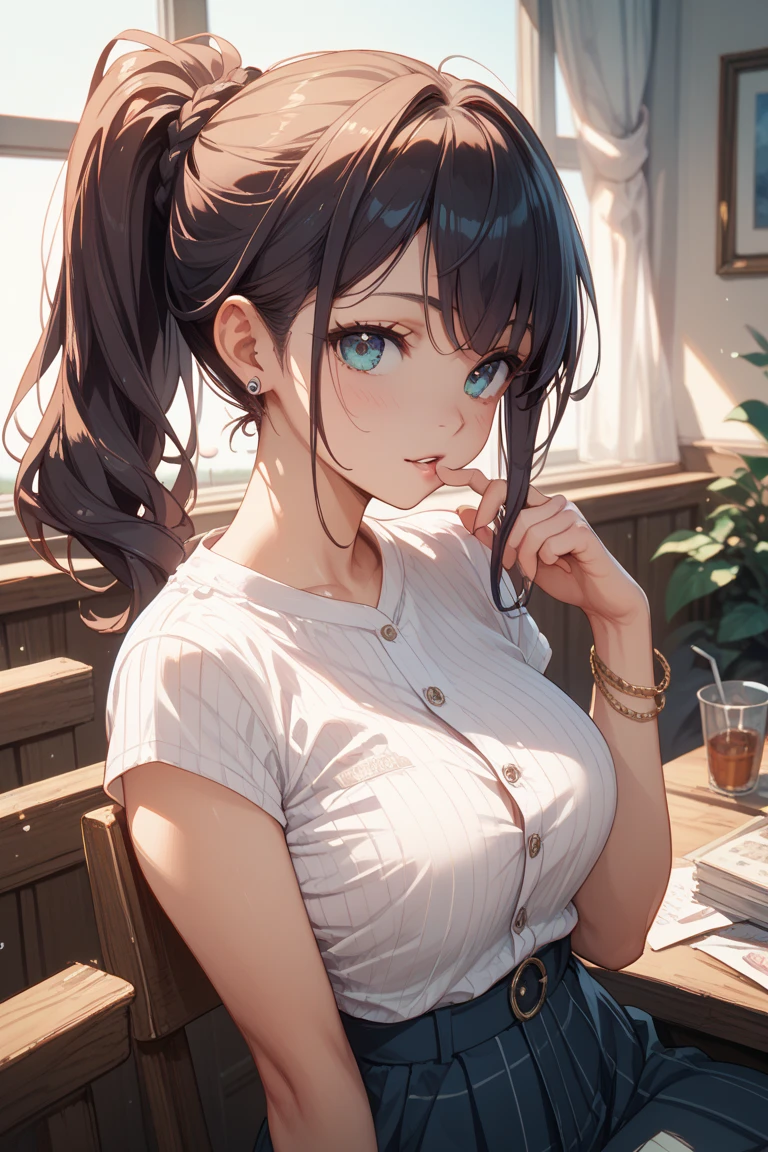 masterpiece, highest quality, One Girl, Thighs, beautiful girl, Flowers, たくさんの小さなflowerびら, flower、Small waist, RAWphotograph,Bright lighting、Face Light, Ultra-realistic, High resolution, photograph, Sharp focus, Highly detailed eyes and face,Symmetrical face, whole body、Large Breasts、Long Hair、チラリと見えるThighs、Emphasized cleavage、Her hair was tied with a big red ribbon.、White high heels、White short sleeve shirt、Brown's Best、White flared tation platform