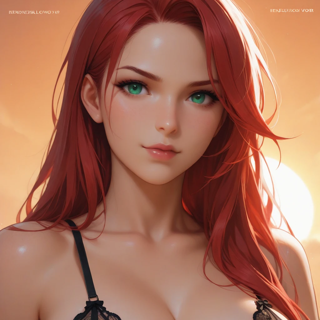 ((top quality, 8k, masterpiece: 1.3)), beauty, 1 girl, large: 1.3, slender abs: 1.1, red hair with blue locks, green eyes (lying on grass, legs open: 1.2), ultra detailed face, highly detailed lips, detailed eyes, double eyelids, with very tiny black bra glued together, all wet her body and her torn bra