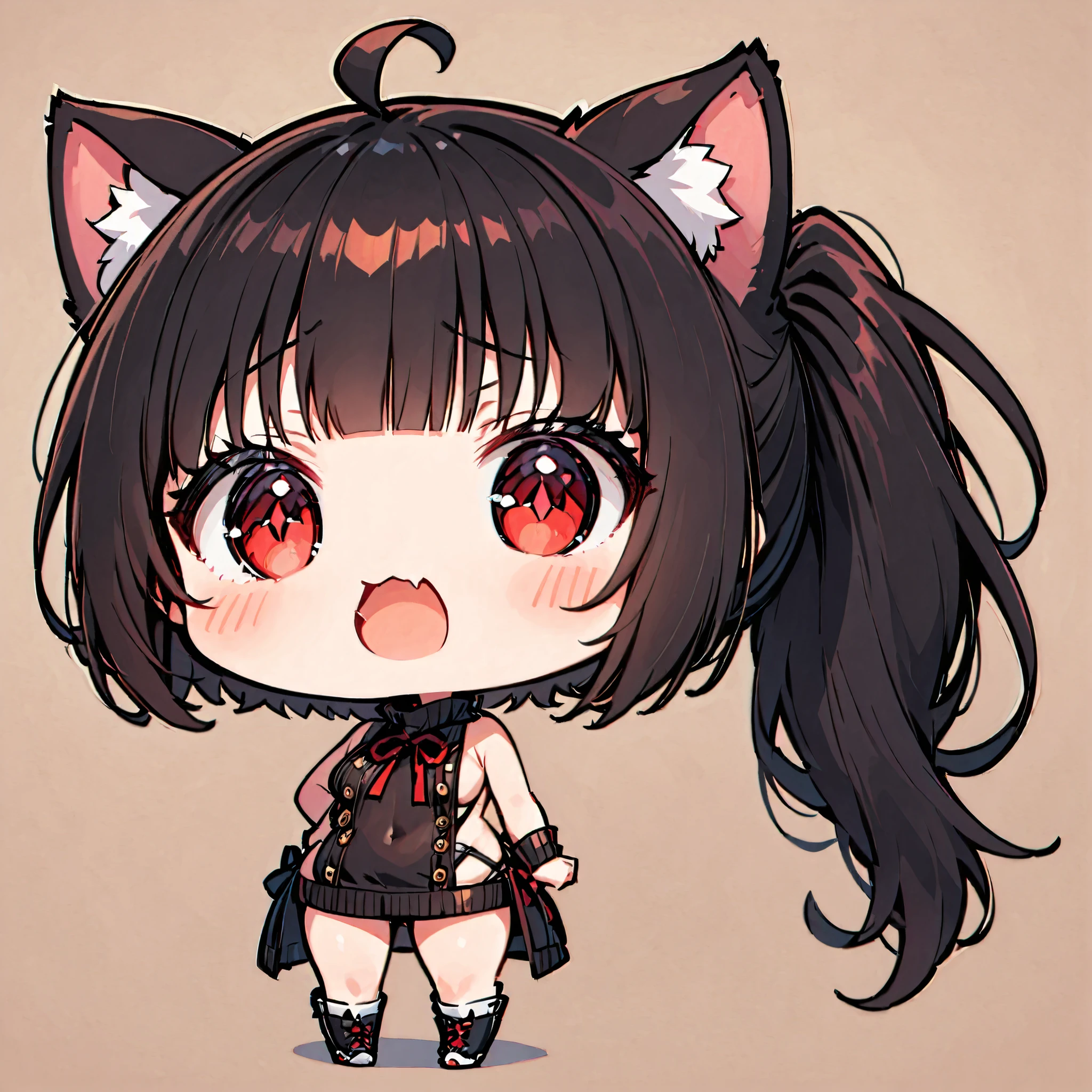 ((only one girl)), A dynamic , Illustration of vocaloid chibi, full body, head on, solo, junkotvv, big breasts, ((cat girl, cat ears)) ((One multicolorido black hair, (Ahoge), straight bangs,)), Long hair, ((beautiful red eyes)) sharp eye, Beautiful skin, extremely sexy body, pretty face , , virgin killer sweater, high ponytail,skin tight, , reaching forward , dark and simple background