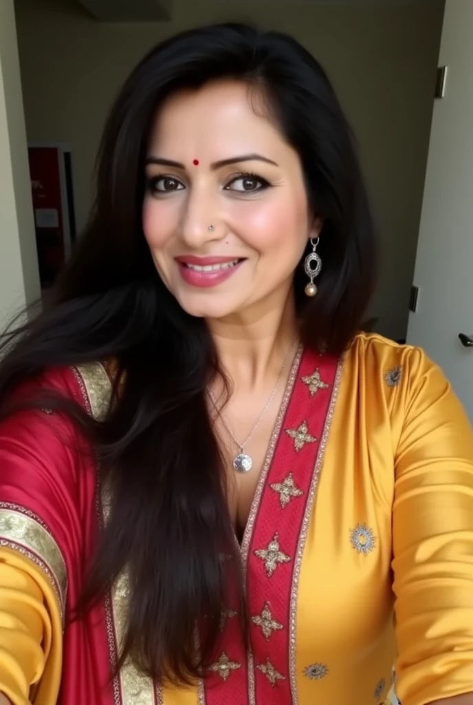 there is a woman taking a selfie with her phone, with accurate face, 8k selfie photograph, very very low quality picture, with lovely look, professional profile picture, low quality photograph, 3 0 years old woman, 30 years old woman, wearing bihu dress mekhela sador, portait photo profile picture, portrait mode photo, very accurate photo, show cleavage, sexy blouse, remove shirt
