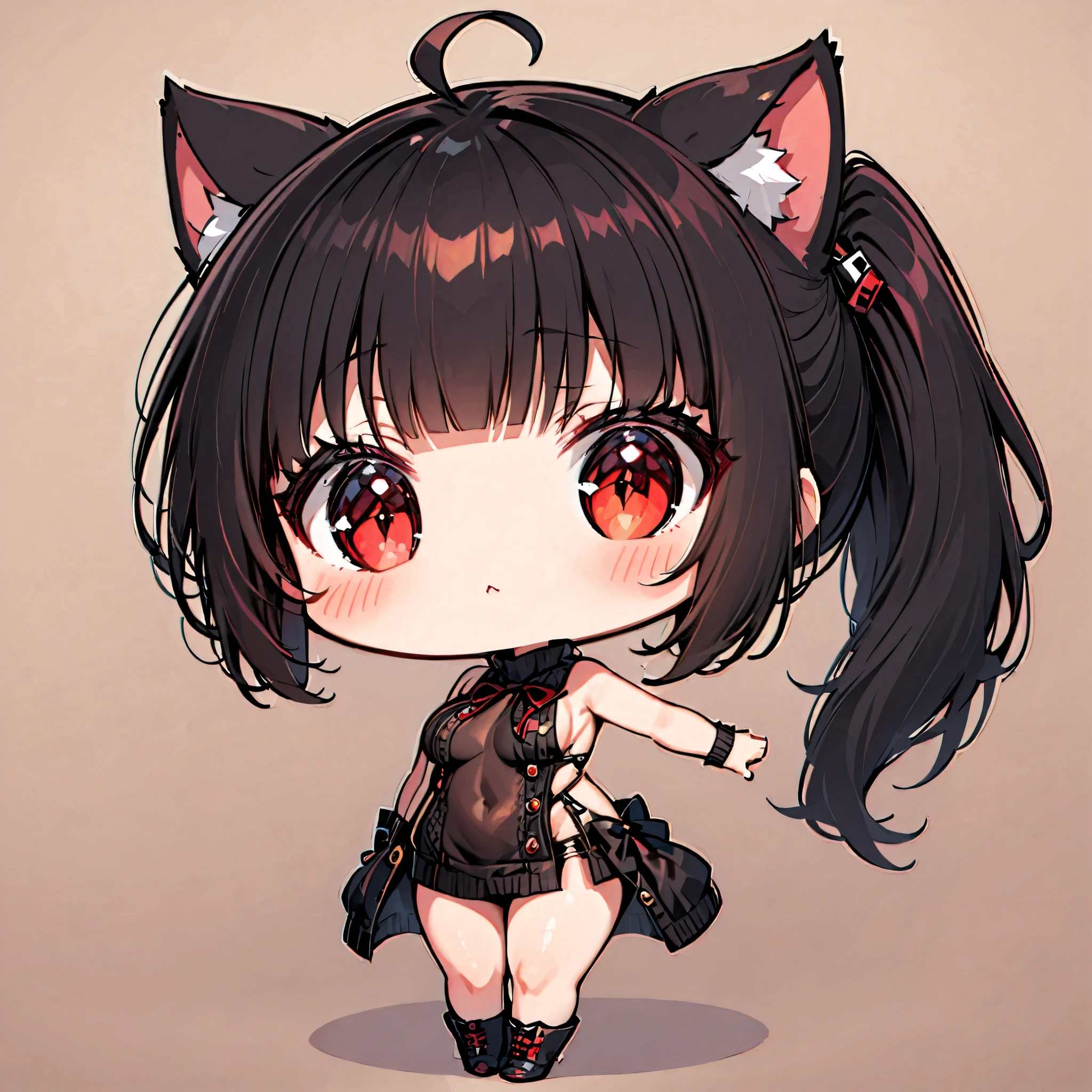 ((only one girl)), A dynamic ,  Illustration of vocaloid chibi,  full body, head on, solo,  junkotvv, big breasts, ((cat girl, cat ears)) ((One multicolorido black hair, (Ahoge), straight bangs,)), Long hair, ((beautiful red eyes)) sharp eye, Beautiful skin, extremely sexy body, pretty face ,  , virgin killer sweater, high ponytail,skin tight,  ,  reaching forward  ,  dark and simple background 