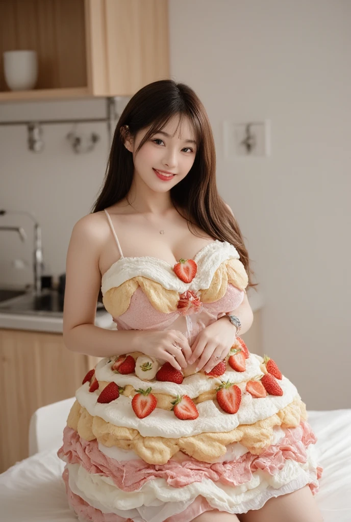 (Best quality, tmasterpiece:1.2), (abstract backgrounds:1.3), (s fractal art:1.1), (tangled:1.2), (humongous large breast:1.2), actual, , humongous large breast, humongous large breast臀部, thicc, legs long, Thigh thick, Fair skin, Red fluttering face, greasy, Porcelain-like skin, purple micro bikini, Brown hair, (long whitr hair:1.2), largeeyes, 二重まぶた, Beutiful women, ssmile, eyeslashes, The face is very detailed, Put your arms behind your head, crouched, , Japan goddess, Japanese actressl, model in Japan, (Lots of colors:1.4), (ear nipple ring), (Sweets and snacks:1.2), (Cupcakes:1.2), (Cookies:1.2), ( cream:1.2), (those fruits;1.2), baby doll, (Colorful:1.1), (Irridescent color:1.2),long whitr hair，huge breasts