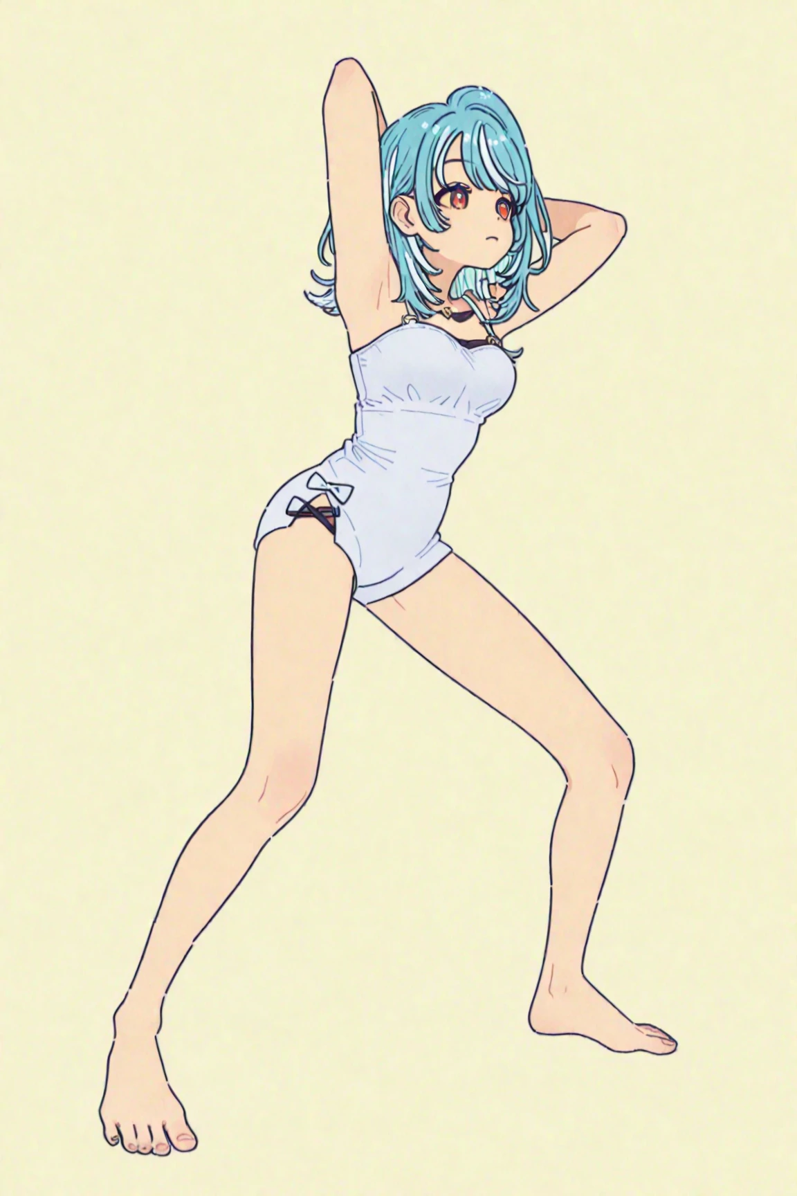 ((Best Quality, Masterpiece, Freak, Super Resolution,8k,16k)), 1 girl, Japanese model, 16 years old, short bombshell hair, ((Carboy shot)), creating an image of a woman wearing a two-piece swimming costume. ((Tops are BACK open TOPS with ribbons on the shoulders and a semi-transparent shoulder ribbon tied to a smocked bodice with a ruffled hem)). The bottoms are high-waisted, full back cut and decorated with delicate floral patterns. The swimming costume is predominantly grey and the fabric is textured. The woman's pose shows both the front and side of the swimming costume, highlighting the intricate detail of the design, sandy beach,