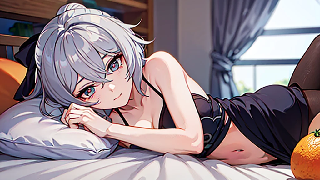 Ultra-high resolution,masterpiece, Attention to detail, Highest quality, 4K,(Silver braided short bob、camisole),(well endowed,Captivating body、Ultra-detailed skin、Beautiful eyes、Detailed Background),1girl、(lie face down, sleeping,Lying down)、bed、night、I can see the moon from the window
