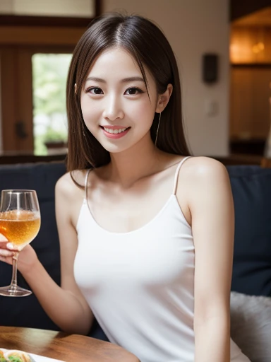 A very cute face like a 15-year-old idol Smiling Kindly ((whole body)) Tank top Medium Bust Cleavage Stylish evening wine bar Cinema lighting Natural light Artistic RAW Photos Genuine High quality that is indistinguishable from real life Real Stick High resolution