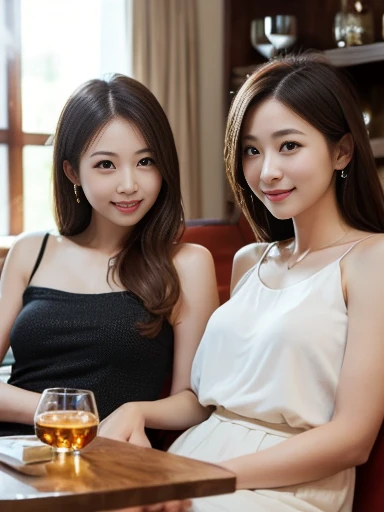 ((highest quality、8k、masterpiece:1.3))、1 male 1 female、Satomi Ishihara-like beautiful couple、Lovers、Couple、The body is slim、full-course dinner、Wine glass on the table、Shine light on your face、 Amazing view of the sunset sky and clouds、A bright smile、The wonderfulness of smile、Bright image、 short hair,Bright Face、 (Age 37), "41 years old, red wine 、Appetizers、Italian food、Wine bottle、Champagne、sparkling wine、Two beauties、Brown Hair、Shortcuts、Long sleeve shirt、dress、Pretty Woman 1, (Slim face), (The body is slim), (Brown Hair), (Shortcuts), cheeks turn a little red,Attractive beauty、restaurant, In a prominent place (From the waist up) Nova Frog Style, actress, model, Upper Body, White wine, slim, wine glass, A wine glass placed in the center, smile, (smile: 1.15), Beautiful fine grain, Depth f/2,saturation, High Contrast, Strong light and shadow,Moist Body:1.5、3D texture、Delicate eyes、Brown Hair、The hair is very shiny、