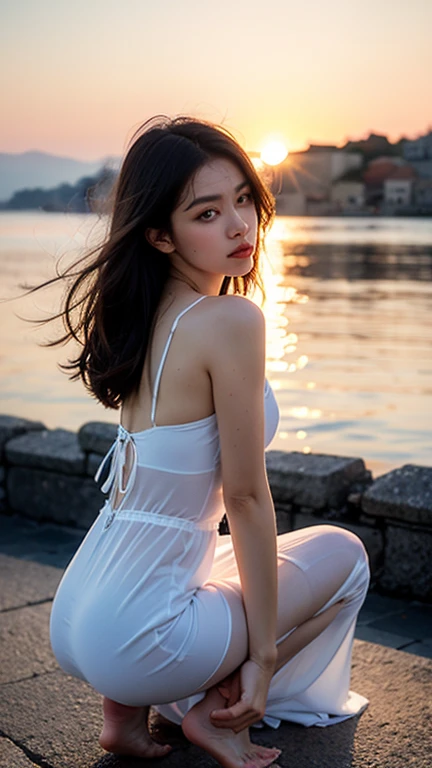 RAW photo, 1 girl, bare legs, bare arms, high heels, full body, ((best quality)), ( ultra high res), (photorealistic:1.6), (photorealistic face:1.2), (8k), (4k), (Masterpiece),(skin texture), (cinematic lighting, wallpaper), ( beautiful eyes:1.2), ((((perfect face)))), (cute), (standing),white hair, sky blue eyes, thin lips, (outdoors),(streets),(cityscape), beautiful body, cleavage, very large breasts, collarbone, ((naked)),