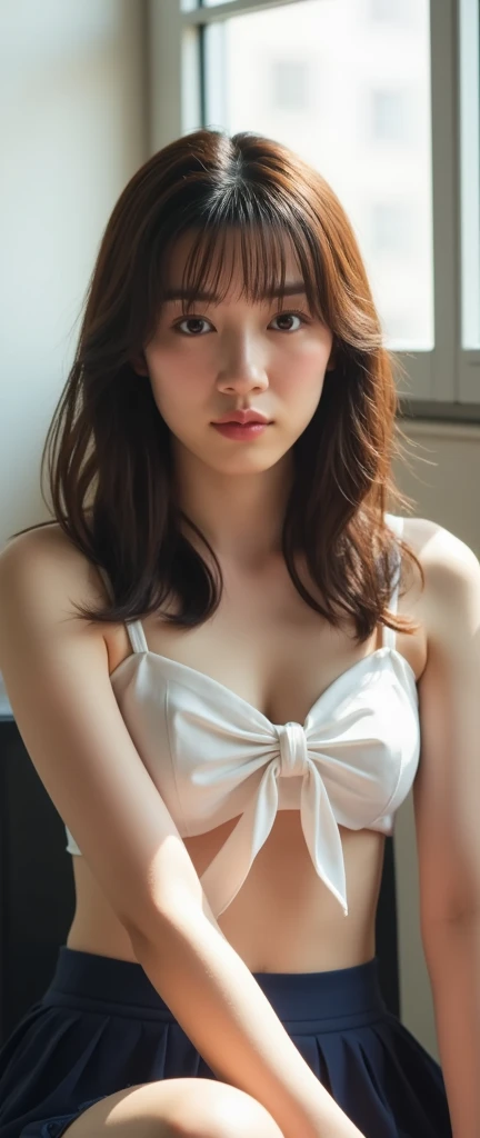 (8k, RAW photos, top quality, masterpiece: 1.2), (realistic, photorealistic: 1.37), ultra detail, ultra high resolution, one girl, viewer show, beautiful detailed face, smile, big, constriction, (slim waist): 1.3), lingerie, beautiful detailed skin, skin texture, floating hair, professional lighting,