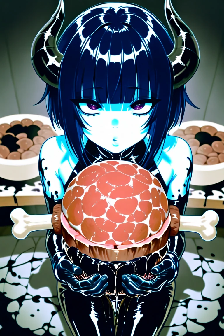 Muffet, naked, eats, Pizza, cum on pizza, Pizza in mouth, Heart Eyes, upper body