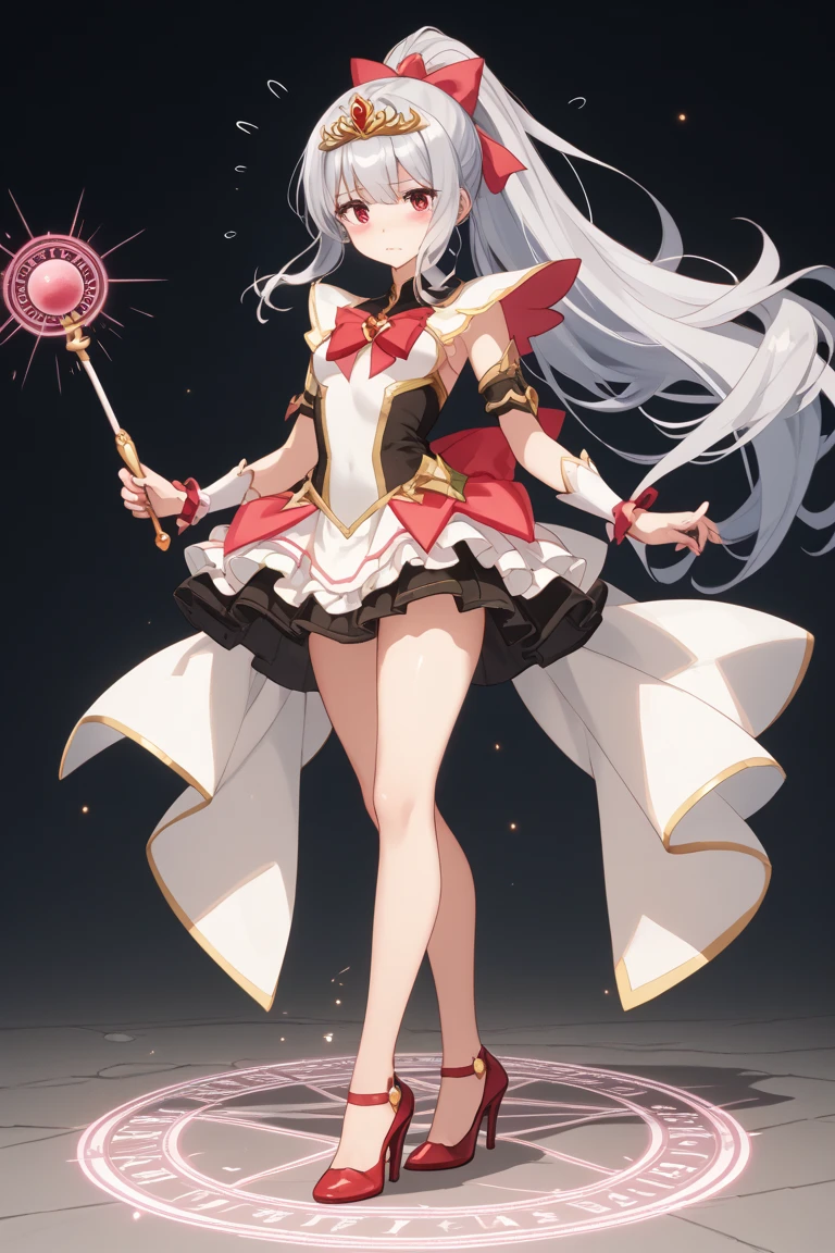 cure holy(magical girl, cool beauty, middle breast, tiara, short hair, silver hair, gold eyes, simple white dress, white long boots, white opera gloves), tracing(Hold out one hand)