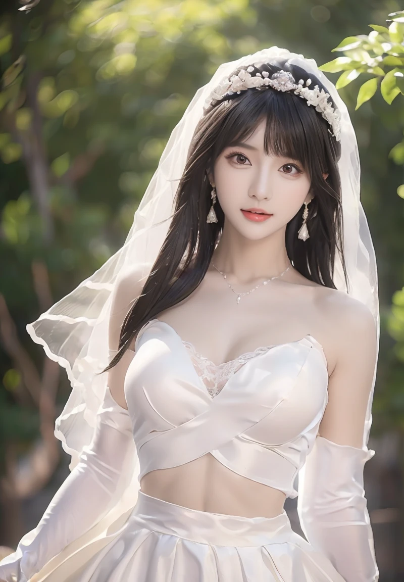 A majestic portrait of femininity: A stunning young woman, striking features, exudes confidence as she poses amidst a serene desert oasis. Her parted lips curve into a gentle smile, framing her face beneath soft blush-kissed cheeks. Silky hair is swept back in a high ponytail, secured by a sleek headpiece that complements her radiant beauty. A flowing white skirt with gem-like hooks and a short crop top showcase her athletic yet curvy figure against the sun-kissed dunes. ((low angle shot, focus to upper body:1.3)),
