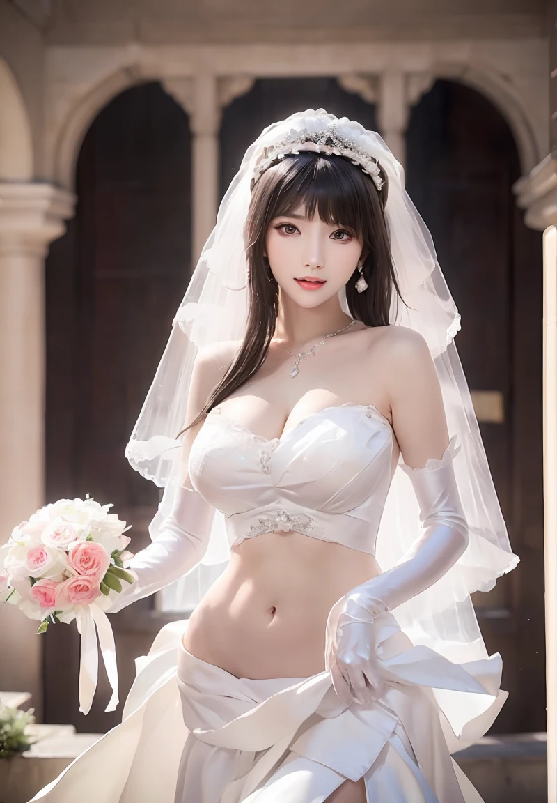 8k, 1 woman in wedding dress, small breasts, face, Looking at the viewer, 카메라 face, Simple background, Clear picture quality, Anatomically perfect proportions