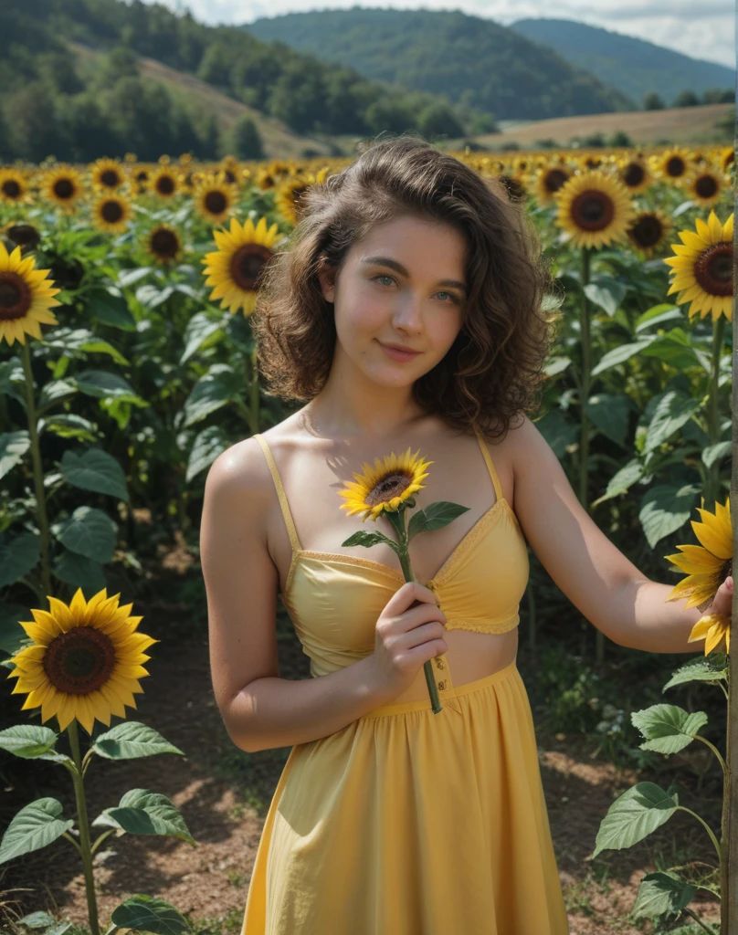 Woman sitting happy in a landscape of sunflowers showing her toenails and hands