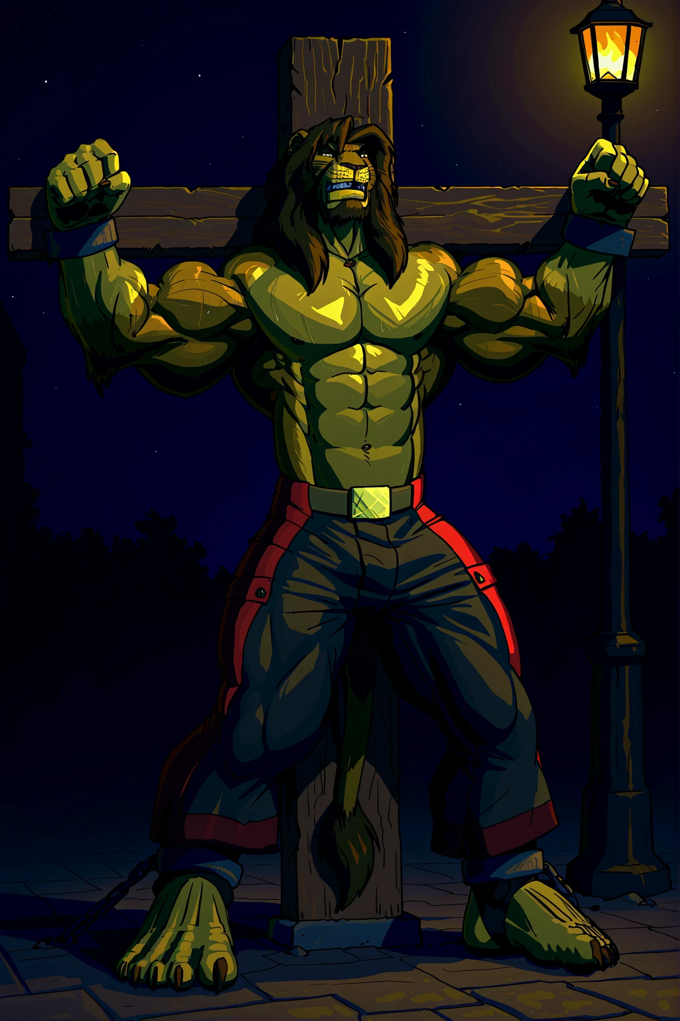 Galen Dhaelos,mitzakan,in Stocks Pose,Cuffs on Ankles and Wrists,mitzakan,CROSS_X,Crucifixion,arms spread,legs spread,x-cross (bdsm),bondage, restrained, legs apart, Mitzakan, (masterpiece, highly detailed face, detailed realistic dark brown eyes), Highest Quality, 4k, masterpiece, solo, Amazing Details, highly detailed face, (Galen Dhaelos, lion head, thick eyebrows, 1boy, dark brown mane, FULL BODY, face, muscular, strong, lion tail), pants, intense stare, anger, shock, night time, streets, break, standing, attacked, assault, assaulted, tied, bound, spread eagle, hands tied over head, legs tied spread wide, Saint Andrew’s cross, trapped, prisoner, captured, captive