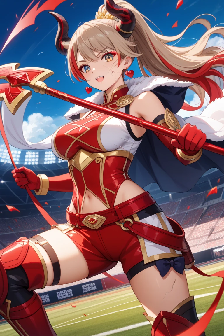 1girl, blonde hair, french braid, single hair bun, green eyes, ahoge, red bikini, belt, red cape, jewelry, asymmetrical gloves, red bridal gauntlets, armlet, bracelet, outdoors, colosseum, smile, arm up, clenched hand, hand on own hip <lora:Mochiron_yo_da_yo:1>, score_9, score_8_up, score_7_up, score_6_up, score_5_up, score_4_up, BREAK source_anime, masterpiece