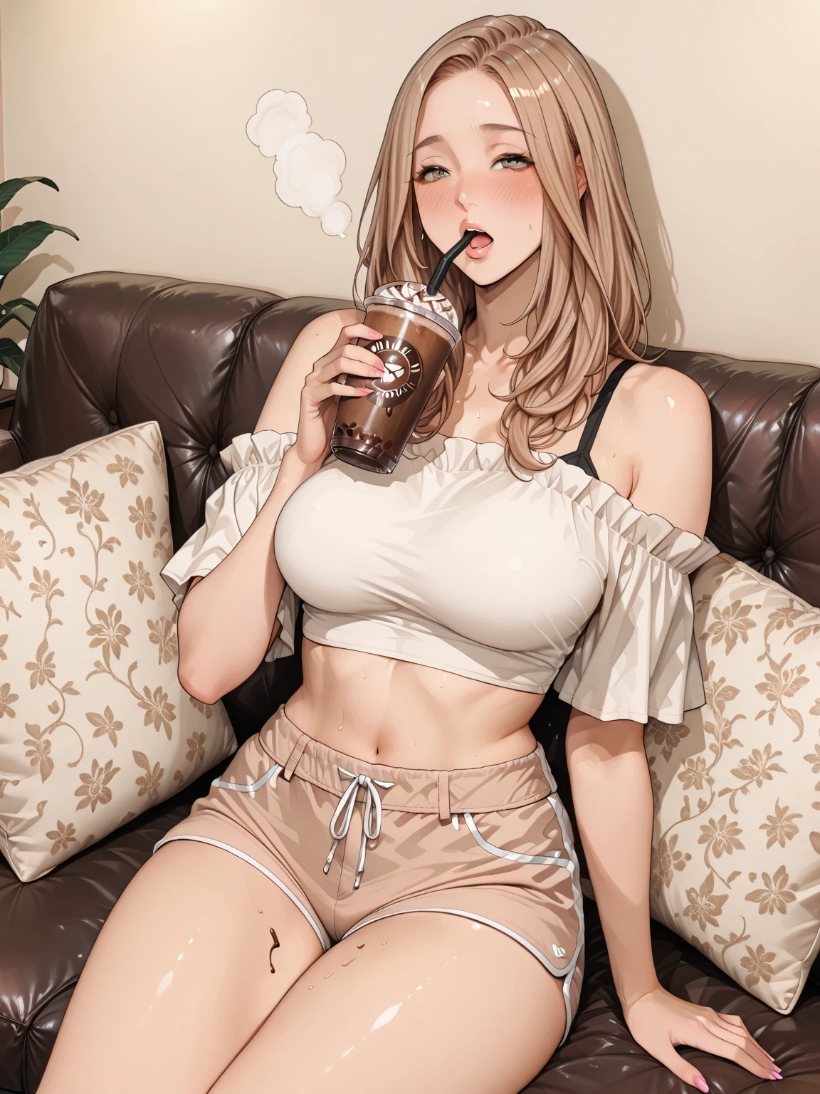 (masterpiece, best quality:1.2), <lyco:mcblaze-000007:0.8>, <lyco:concept_bubbleteachallenge-16:1.0>, solo, 1girl, mcblaze, dark skin, dark-skinned female, bubble tea challenge, drinking straw, crossed arms, ahoge, underwear, thighhighs, gloves, cleavage, large breasts