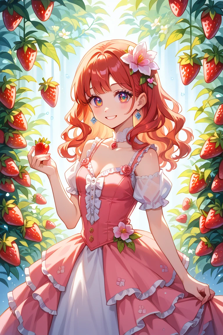 A red-haired girl, with green eyes, dressed in a strawberry print