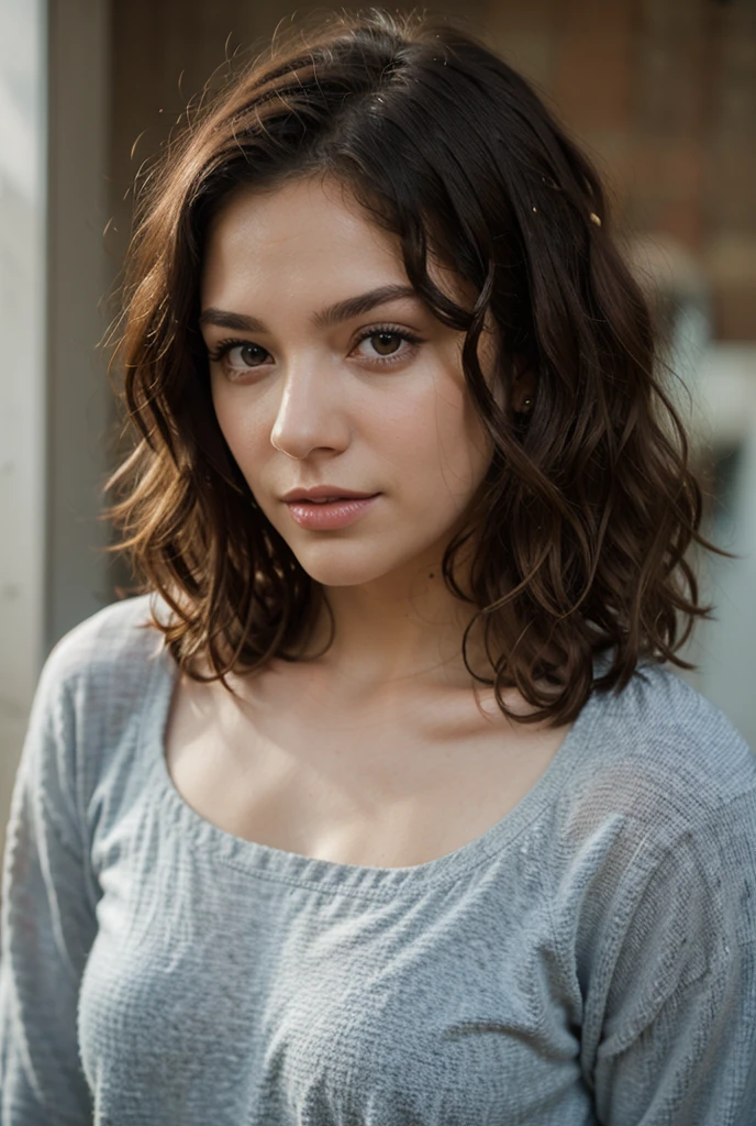 a portrait photo of jane_noexist with long curly hair in a center parting, freckles, wearing a loose-fitting cotton tank top, standing in the Natural History Museum in London, (embarrassed:1.2), shallow depth of field