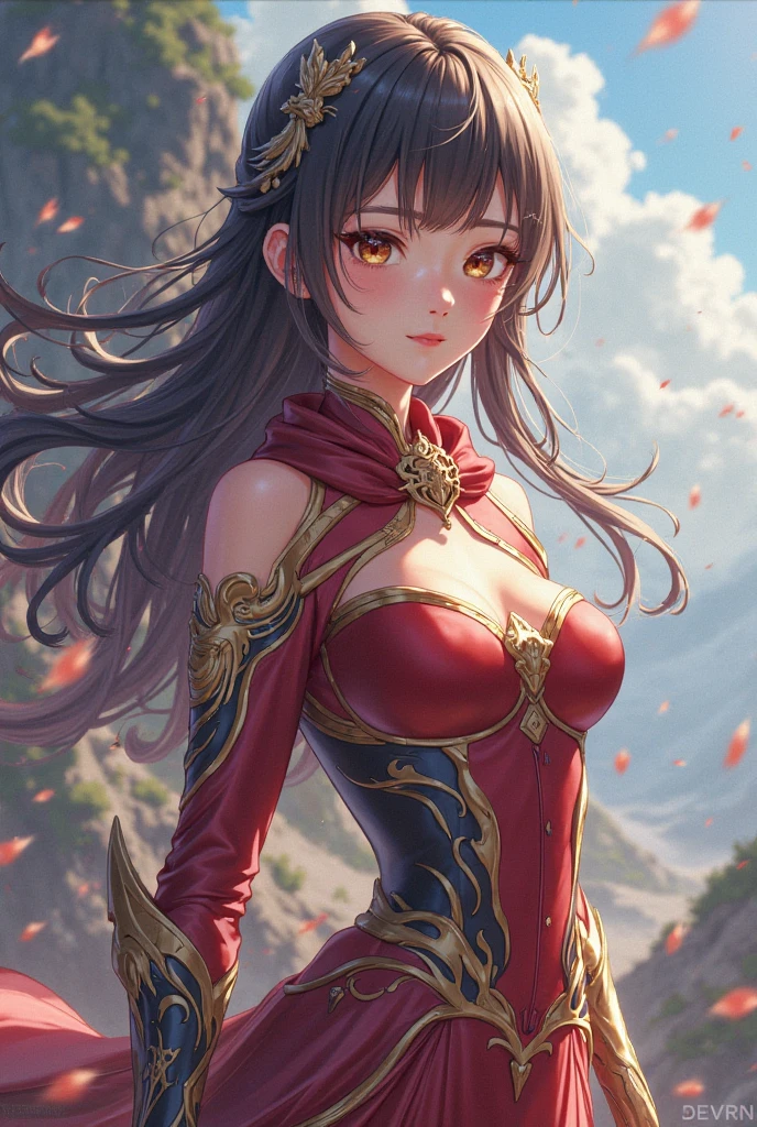 (masterpiece), best quality, expressive eyes, perfect face, ((crimson armor)), black hair, closed smile, athletic body, slim figure, lace bikini, pelvic curtain, exposed midriff, large breasts, cleavage, ((fishnets)), watercolor, sakura blossom background, dynamic pose