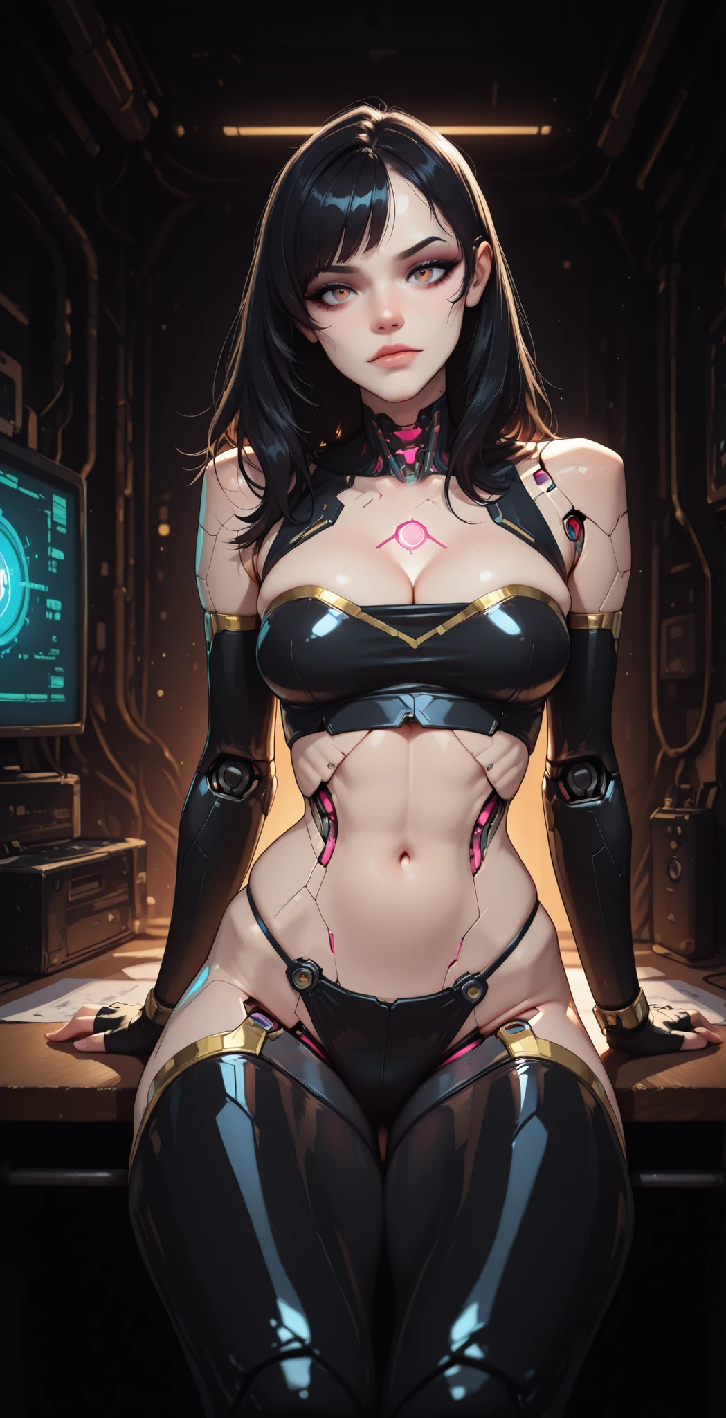 (masterpiece:1.35), (very aesthetic, best quality:1.3), highly detailed, dynamic lighting, dark environment, backlit, absurdres, detailed shading and textures, dark background, cyberpunk aesthetic, close-up, hyperdetailed anime style, (panel lines on skin), head tilt, (a female android), cyborg. Cyberpunk, cybernetic enhancements, extremely high-tech, 3d anime artstyle, dramatic lighting, no lineart,
Indoors, sharp detail, solo, plastic, a female android, cyberpunk, futuristic, (mechanical anatomy), (robotic anatomy), (skin lines), mechanical robot hips, mechanical robot trim,
Adorable and attractive, female, disheveled hair, shiny hair, black hair, shiny plastic skin, curvy and petite body, dark eyes, perfect breasts, very narrow waist, skindentations, hip_indentations, very slender, round hips, thick thighs, swept bangs, disheveled hair, hair down, cleavage,
Black trim, revealing outfit, fingerless gloves, black tube-top, black spandex shorts, impossible clothes, exposed midriff, small abs,
Sitting on table, dynamic pose, expressionless,lips, pink lips, eyelashes, eyebrows, eyeliner, blinking lights, digital components, small yellow trim, dynamic pose, barefoot, glowing,