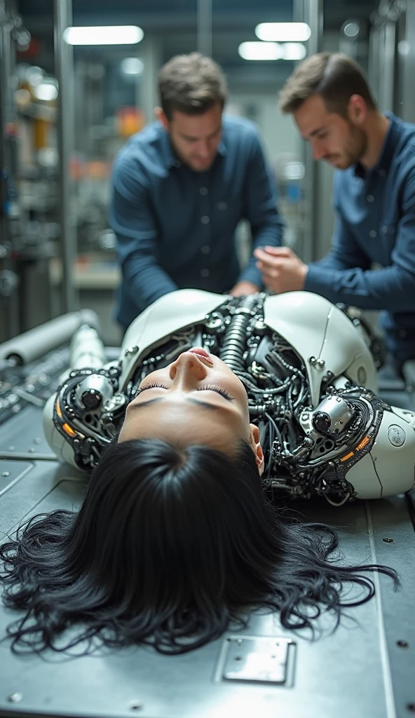 Mechanical Woman,A woman with a mechanical body,Abundant mechanical skeleton,No body skin,Blood,musculature,Toned body,chest muscle,From the side Side, Cowboy shot, Perspective, Ultra-wide angle, From above