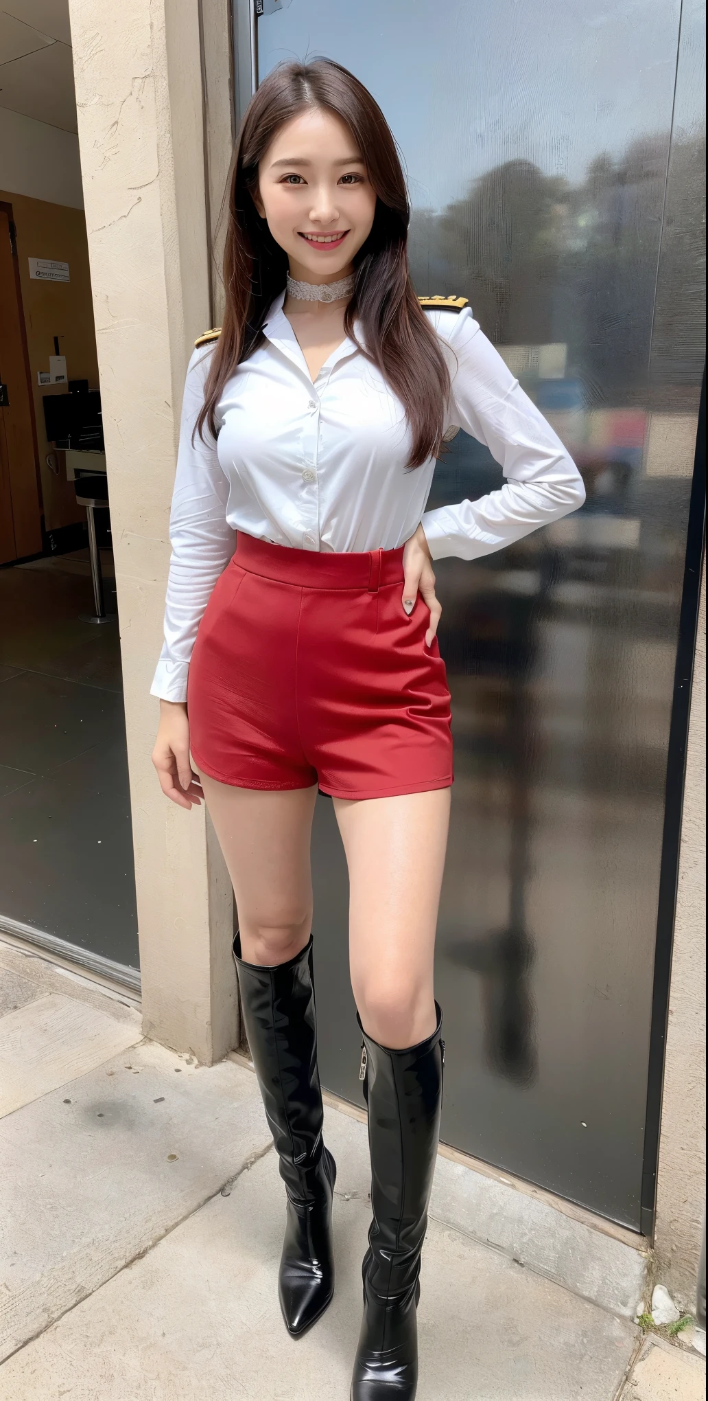 (8k, RAW pictures , top quality, choose table top:1.2), (realistic, realistic:1.37), very detailed,(Beautiful detailed、Raw service),Single Daughter,full body,(have a protruding stomach, I'm plump), A-line skirt ,((stewardess uniform,uniform、Female Soldier、army commander)),PILOT FORMAL JACKET, choker, medium hair in a narrow vagina, straight hair 、smile,viewers、Big breasts、(((Standing straight with your legs slightly open)))、 orbital space 、((pointed toe leather shoes、knee-high boots perfect for the stomach、knee-high boots perfect for the stomach、high heels)),outdoor,(((Beautiful Bang )))、beautiful double eyelids flowing out of breast milk、black hair, length, Moisturize your eyelashes、(((white boots)))、Chest to chest、beautiful red boots、(Panting Descendants:1.2、fishnet tights),(((with an indecent expression and a smile))),(((showing off sexy micro shorts)))、((( minimal small panties )))、
