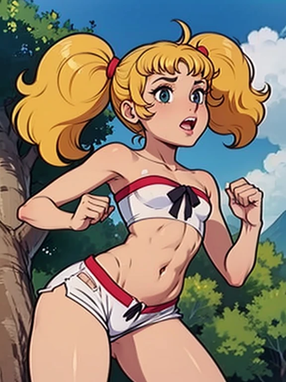 1girl, blonde hair, blue eyes, large breasts, necklace, hair bow, team rocket uniform, clothes writing, single letter, R, covered nipples, underboob, abs, black shorts, posing, hands on hips, crazy smile, upper body, outdoors, tree, forest, kuroi suna